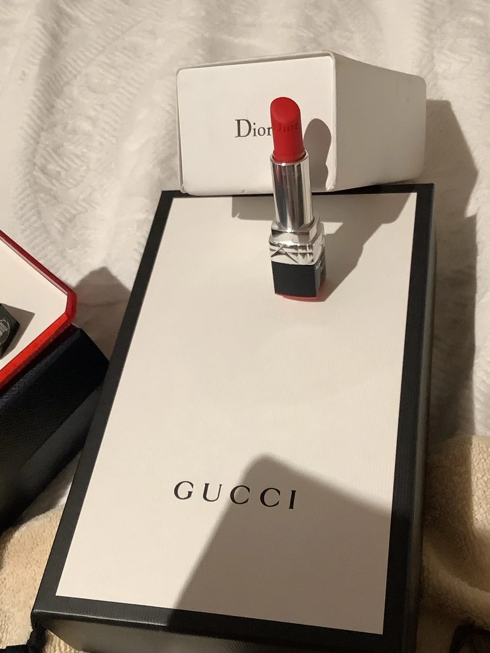 CHANEL Black Compact with Red Lipstick and White Gift Box